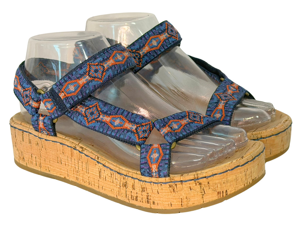 Born Sirena Cork Platform Sandals Sz 6.5-7 Adj Web Straps Blue Tribal Boho Chic
